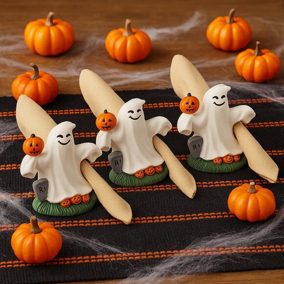 Set of 3 Vintage Halloween Ghost Napkin Rings – Jack-o’-Lantern Stoneware - Picture 2 of 8